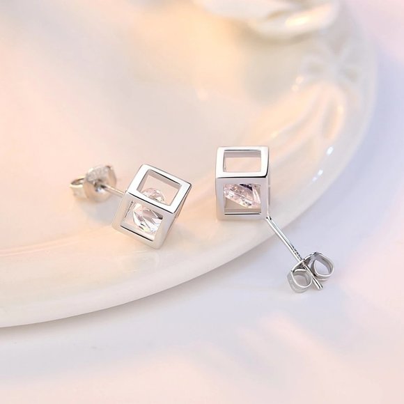 NEW [Set of 3] 925 Sterling Silver Diamond Cube x - Picture 5 of 8